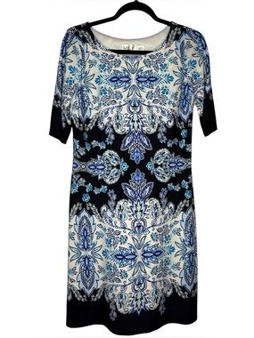 Eliza J Sz 6 Elegant blue and white paisley shift dress half sleeves | EUC